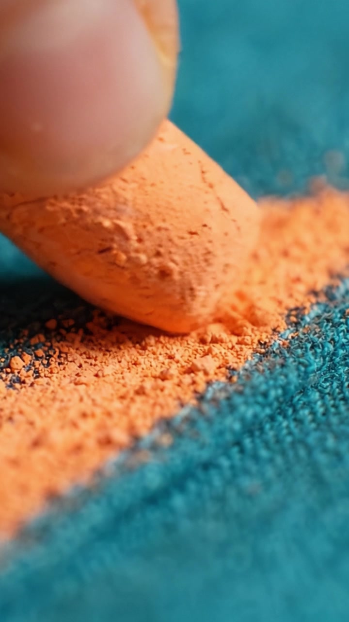 Närbild av levande orange pulver som sprids på en turkos tygyta, vilket fångar textur och färger i intrikata detaljer.