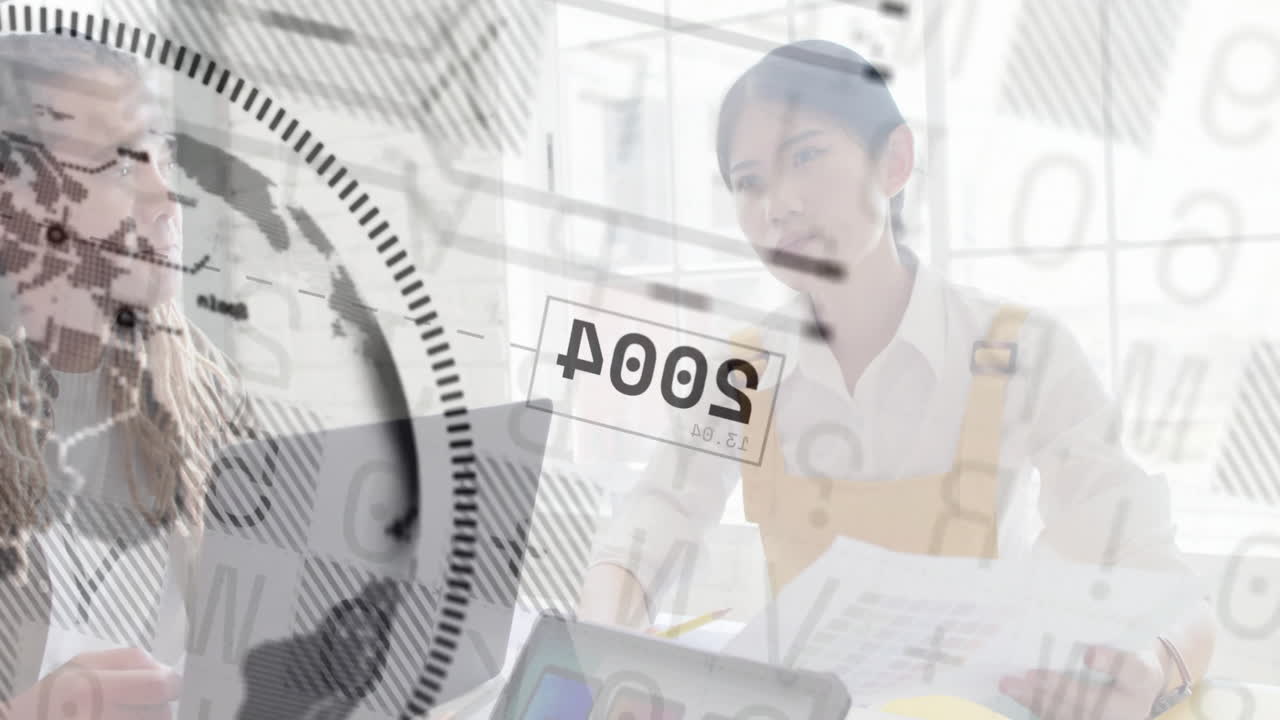 Businesswoman analyzing data with digital animation overlay of numbers and graphs