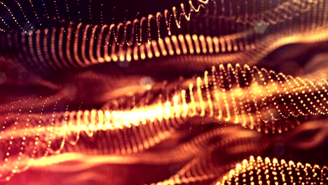 la animación de bucle de renderizado 3d de las partículas de brillo forma líneas oscilantes como guirnalda oscilante como fondo festivo o fondo abstracto de partículas con profundidad de campo y bokeh como bucle vj. oro rojo 22