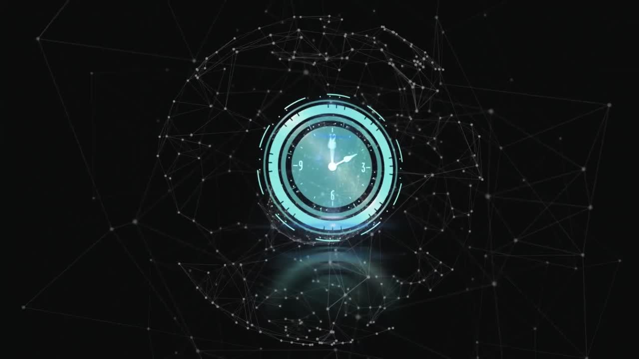 Animation of clock over networks of connections on dark background