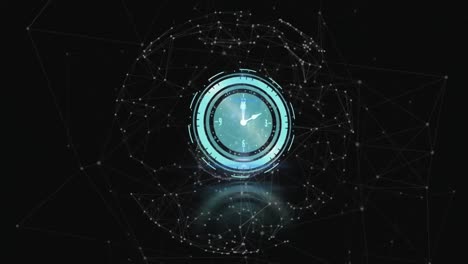 animación del reloj sobre redes de conexiones en fondo oscuro