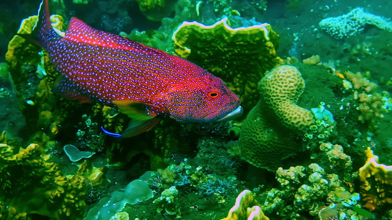 Close-up underwater shot of a striking red-spotted coral grouper hunting over a colorful reef. Bali, Indonesia