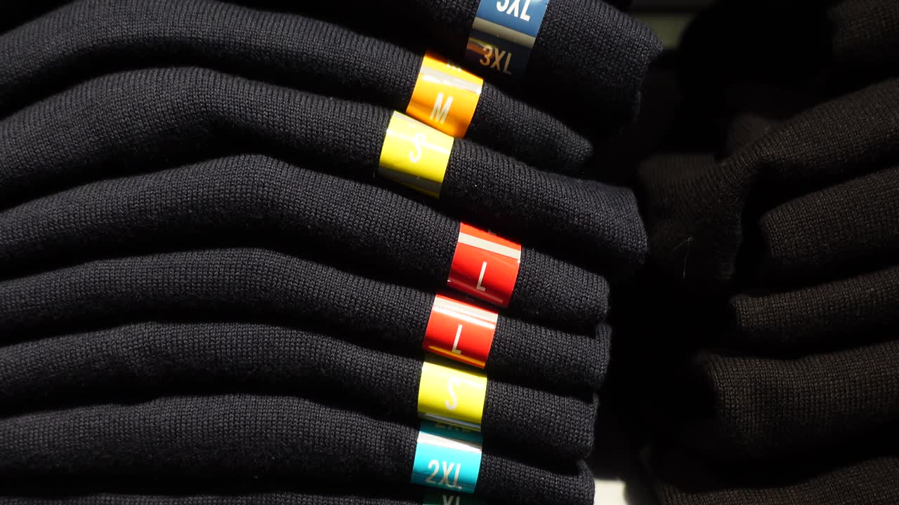 다른 크기의 검은 셔츠의 더미