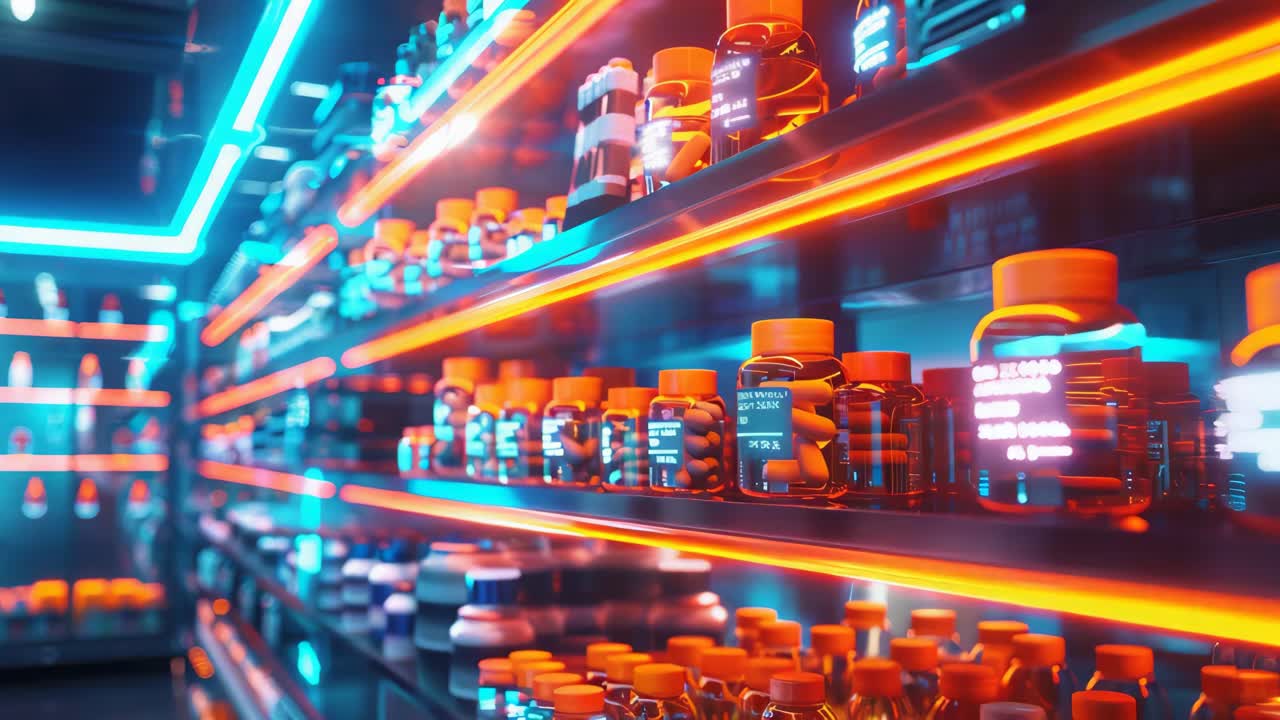 Modern Pharmacy or Supplement Store with Neon Lighting