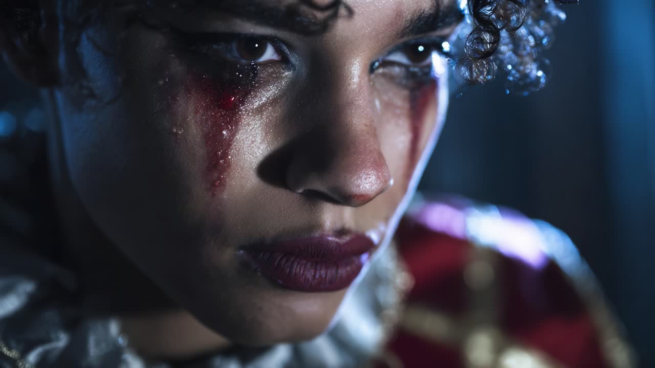 Ritratto toccante di un artista con trucco drammatico e volto segnato dalle lacrime che riflette le difficoltà e le emozioni in un’accattivante ambientazione cinematografica