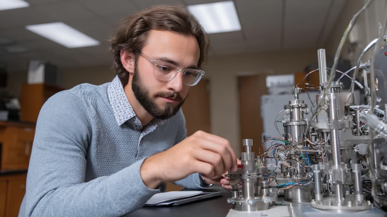 Focused Scientist Engineer Working on Complex Laboratory Equipment, Adjusting Components and Conducting Research on Advanced Mechanical Systems