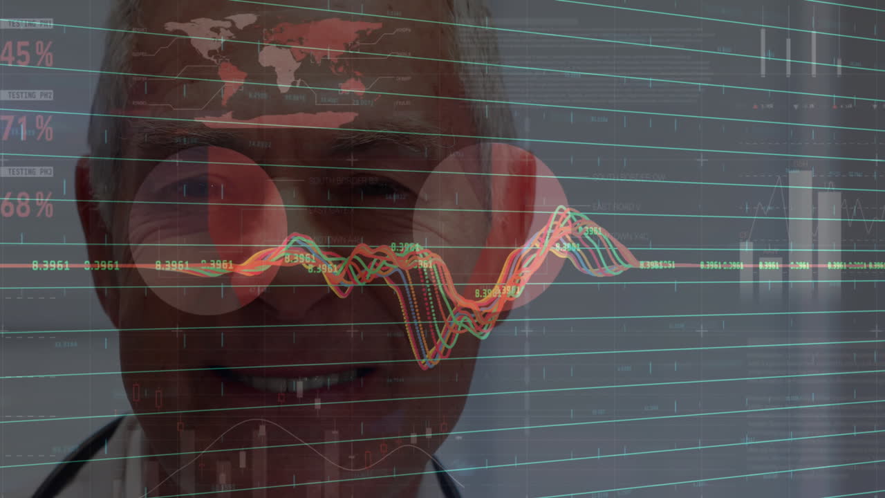 Animation of data processing over close up of caucasian senior male doctor smiling at hospital