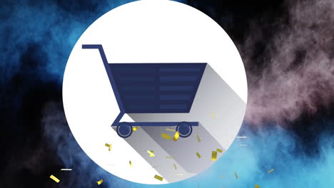 animation of shopping cart icon with gold confetti falling, over coloured powders floating, on black