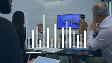 animation of financial data processing over diverse business people in office