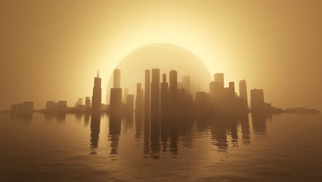 surreal 3d looping cityscape on water eclipsed in hazy fog background