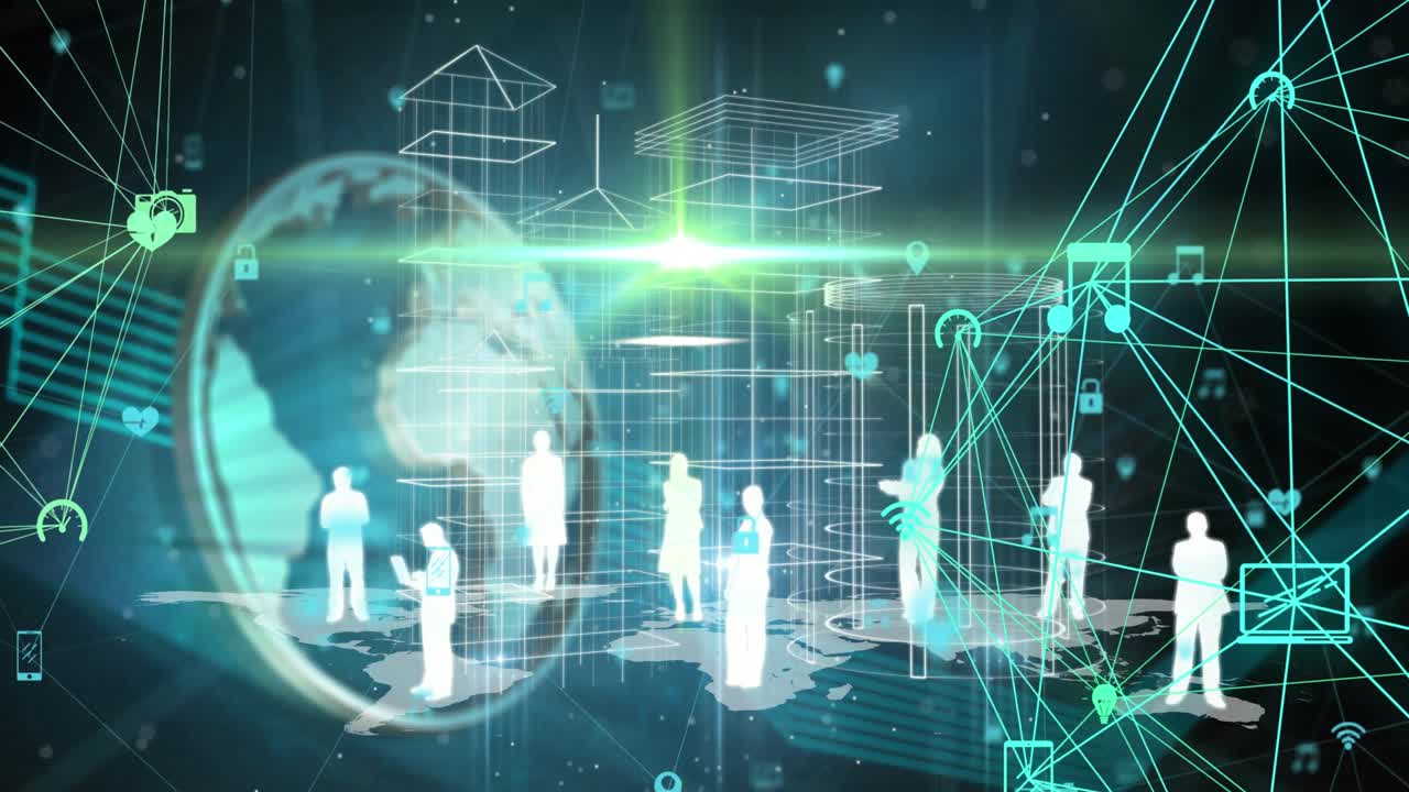 Animation of network of connections with icons over globe and people's silhouettes