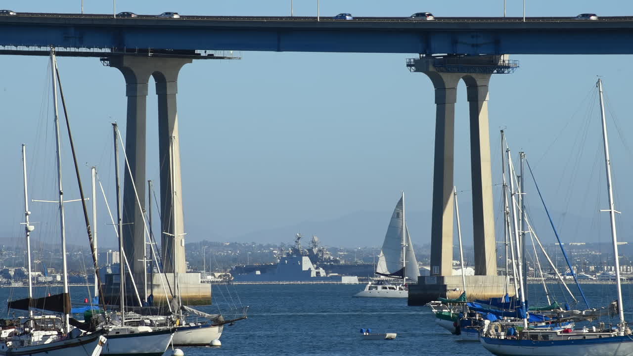 Beautiful scene of sailboats and yachts moving under Coronado Bridge in San Diego Bay