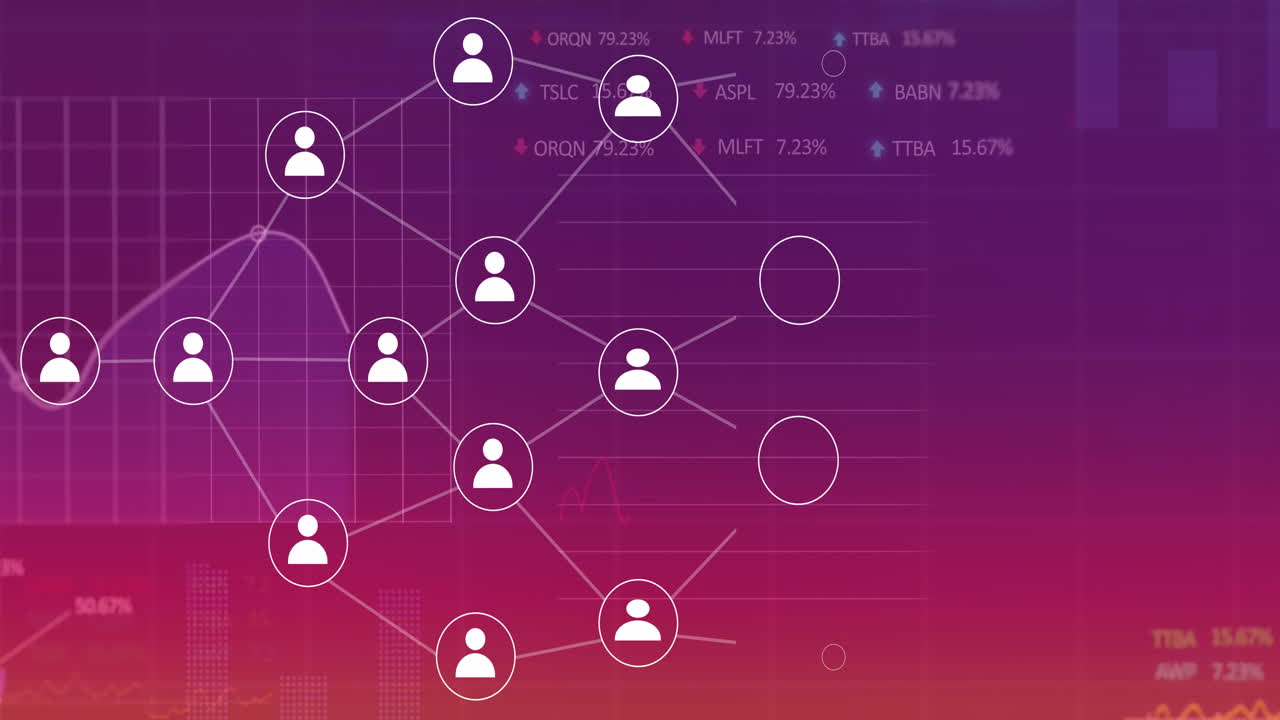 animación de diagrama de flujo de iconos con múltiples gráficos y tablas de negociación sobre fondo de gradiente