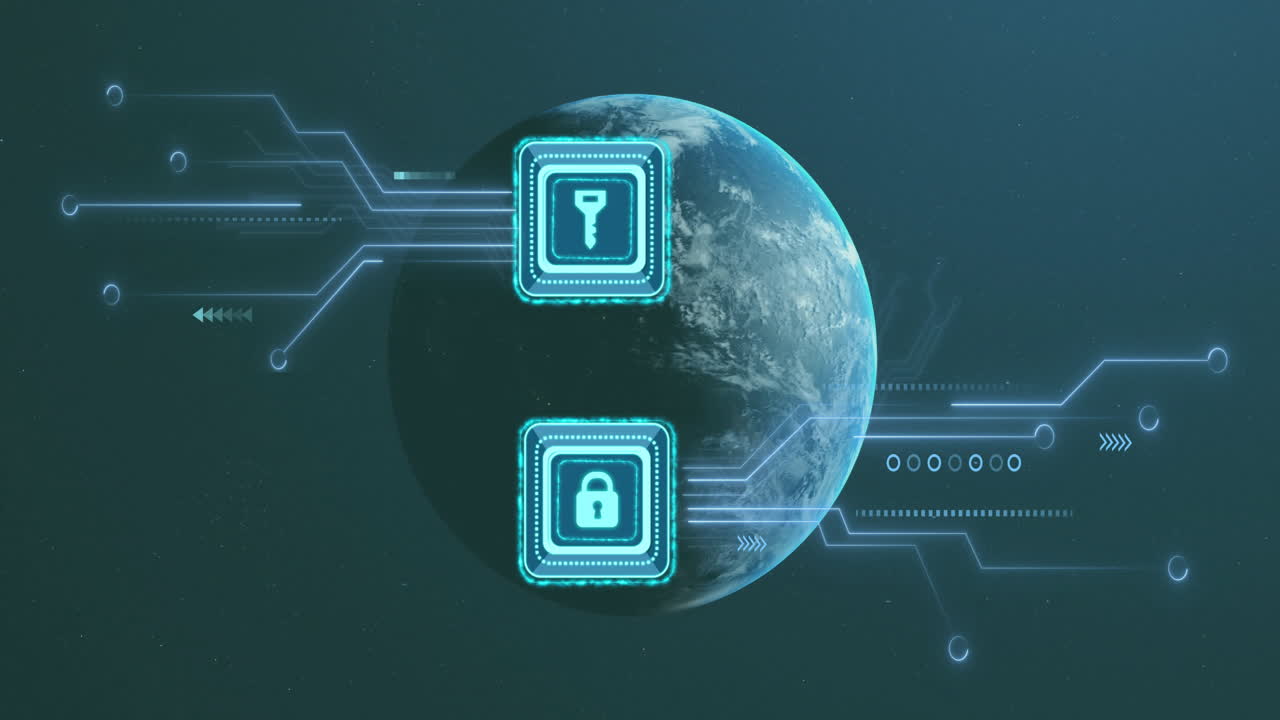 Digital security icons animation over Earth with circuit lines