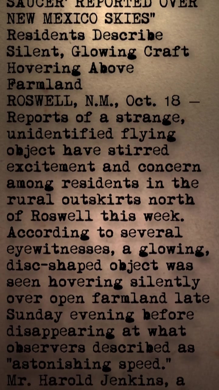 Cinematic, low-angle tracking shot over aged parchment paper displaying an investigative news report on the Roswell flying saucer. Designed as an elite-staged lifestyle asset for historical thrillers,