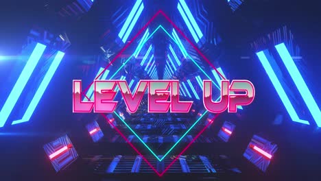 Animation-of-level-up-text-banner-over-neon-blue-glowing-tunnel-in-seamless-pattern