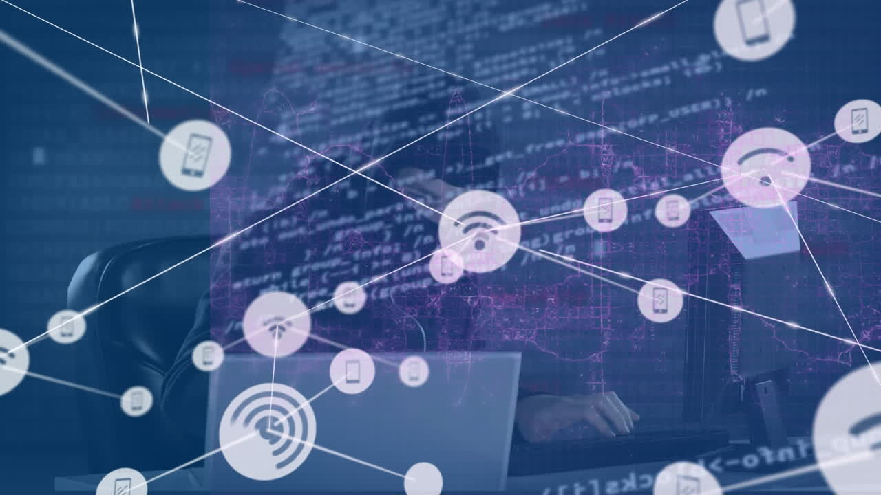 Animation of network of connections with data over male caucasian hacker