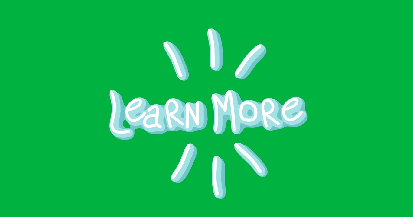Handlettered Learn More staying centered with teal radial dashes, not animating on transparent bg