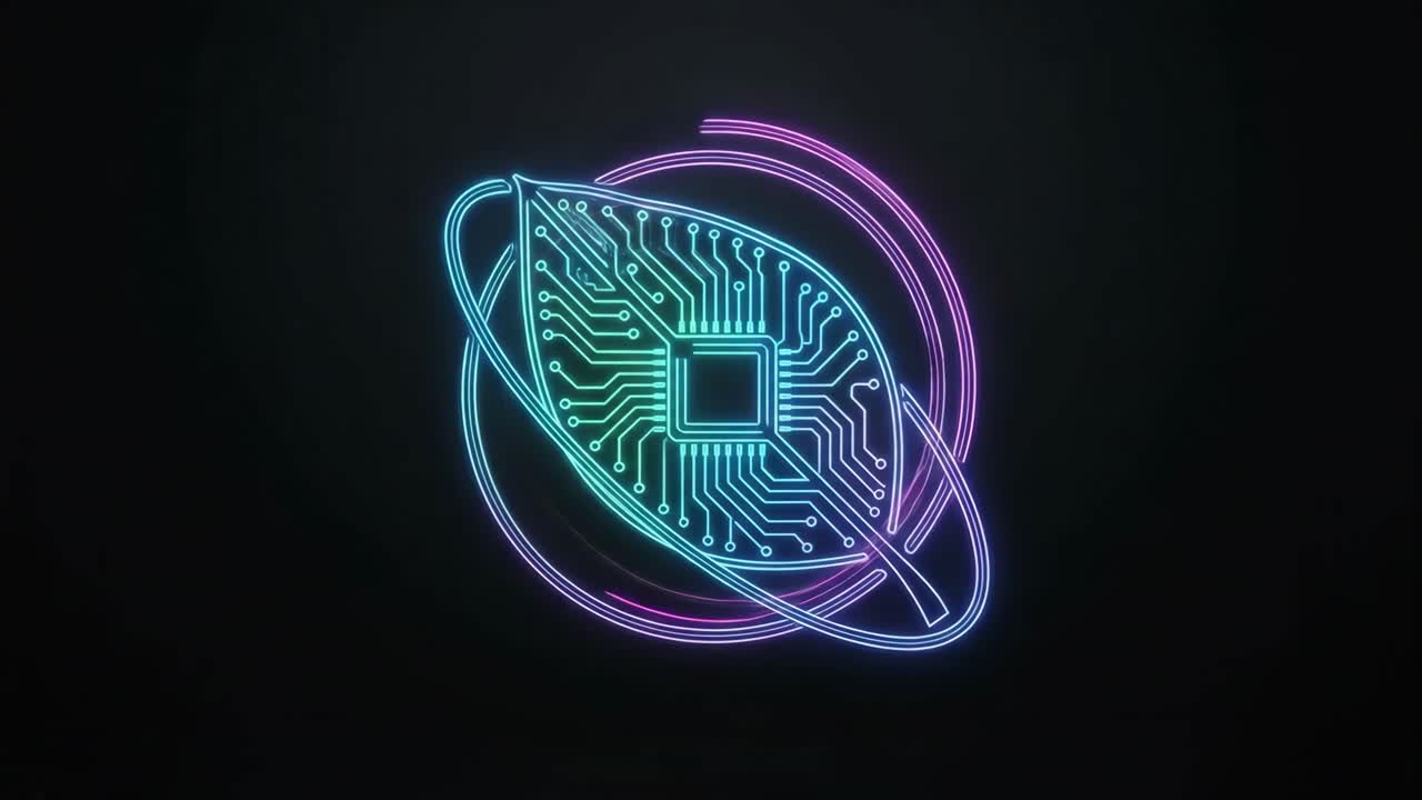 Glødende neonkredsløbsblad med roterende ringe-animation