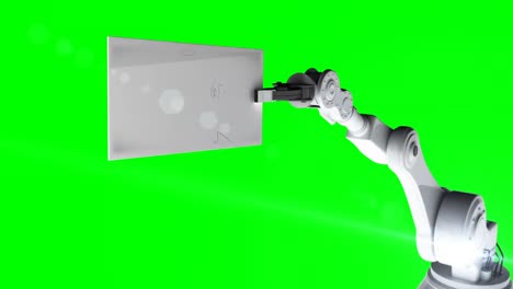 Digitally-generated-video-of-white-robotic-arm-holding-card-with-mathematical-formula