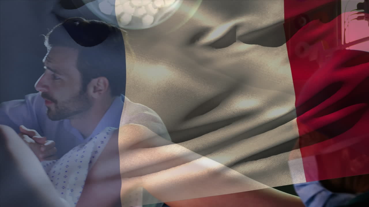 Doctor examines pregnant woman in delivery, man supports, amid COVID.