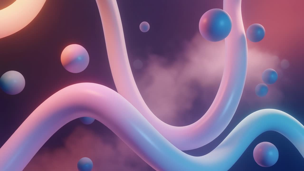 Farverig abstrakt motion graphic med flydende kugler og bølgede former