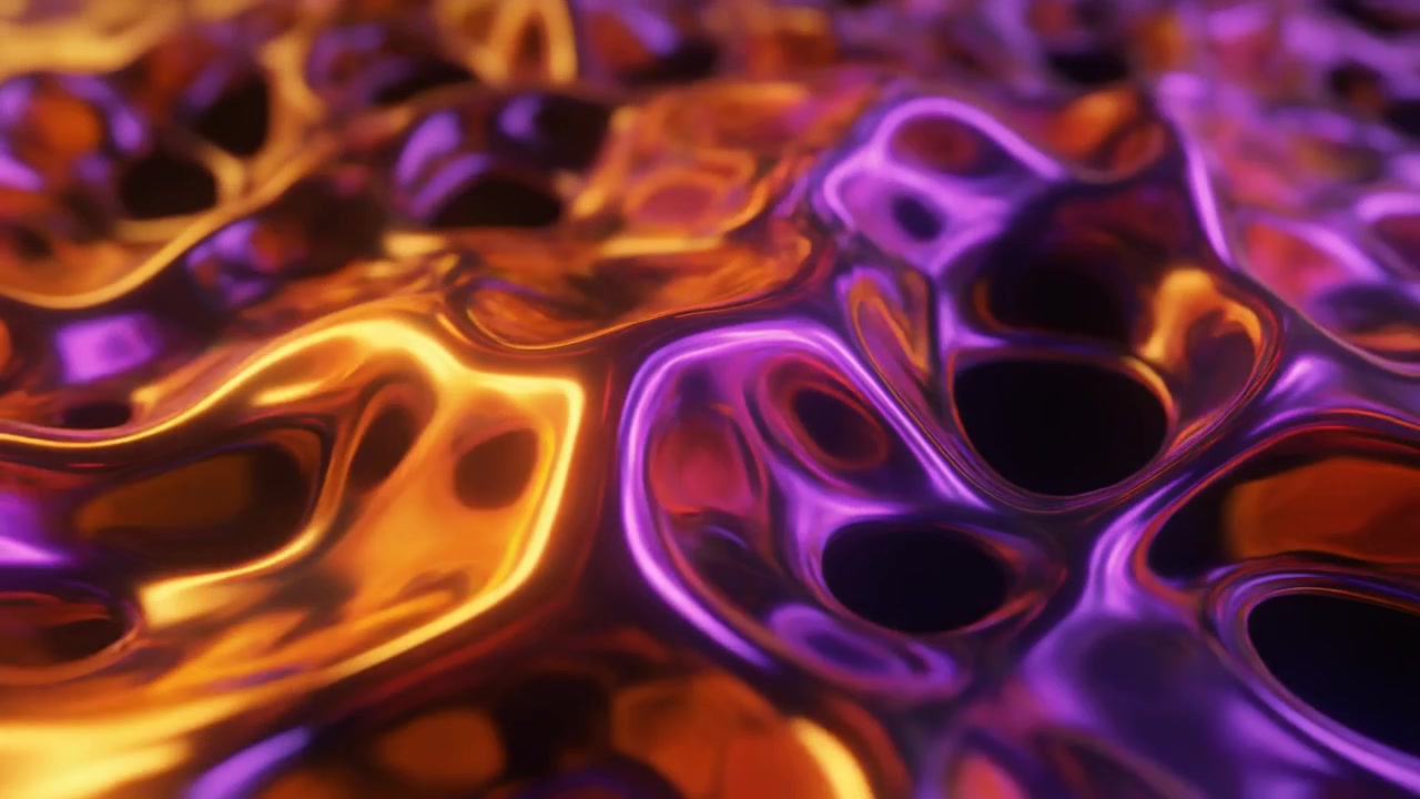 Superfície Abstrata de Metal Líquido com Reflexos Laranja e Roxo
