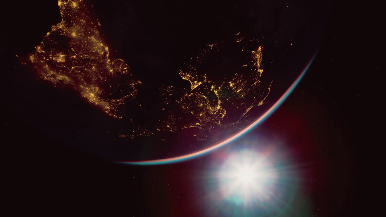 View of earth from space with city lights and bright sun in the background
