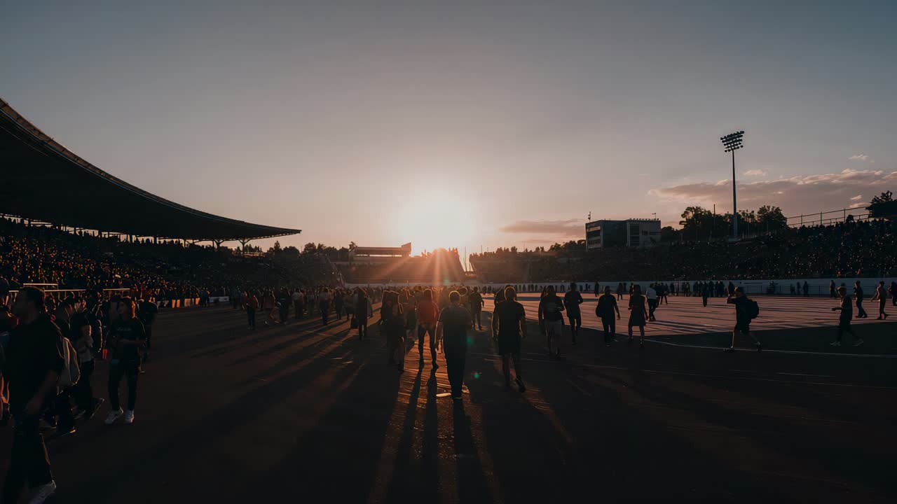 Spettatori che camminano con le giacche mentre lasciano la pista al tramonto dopo la fine dell'evento, superando tribune e luci