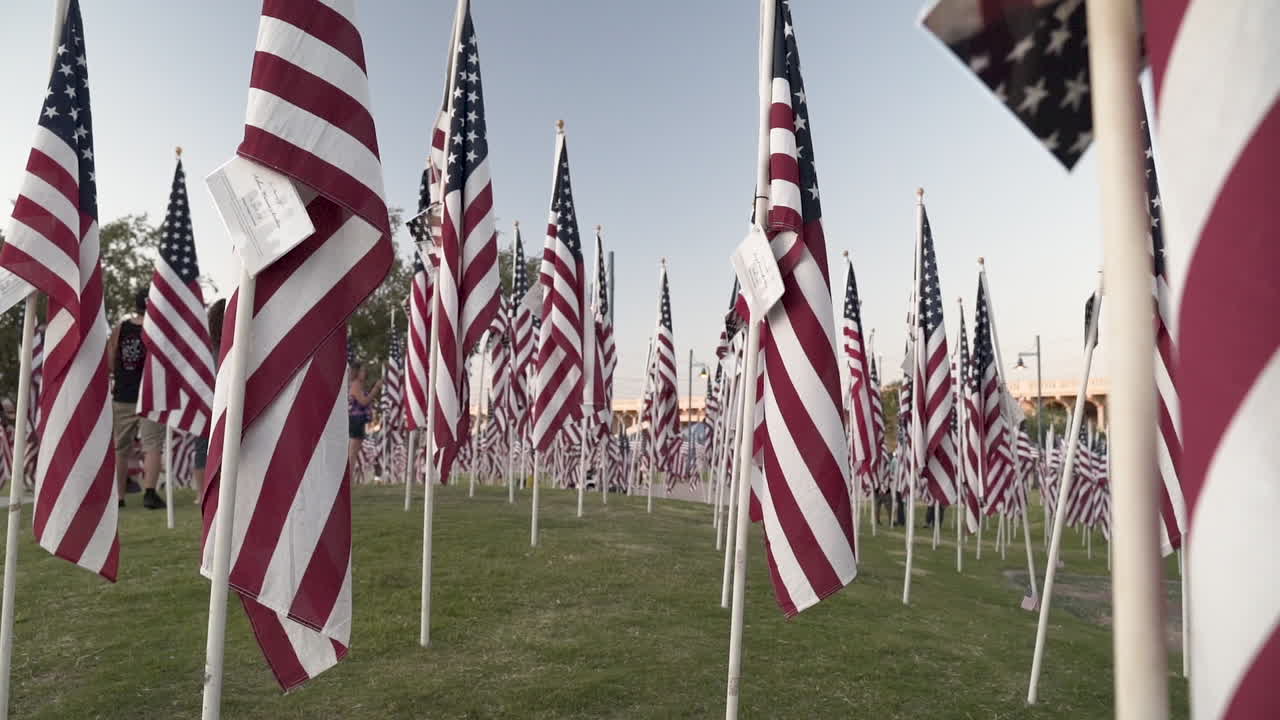 Slow Motion Nine Eleven Celebration with Field of Flags for Veteran's Day