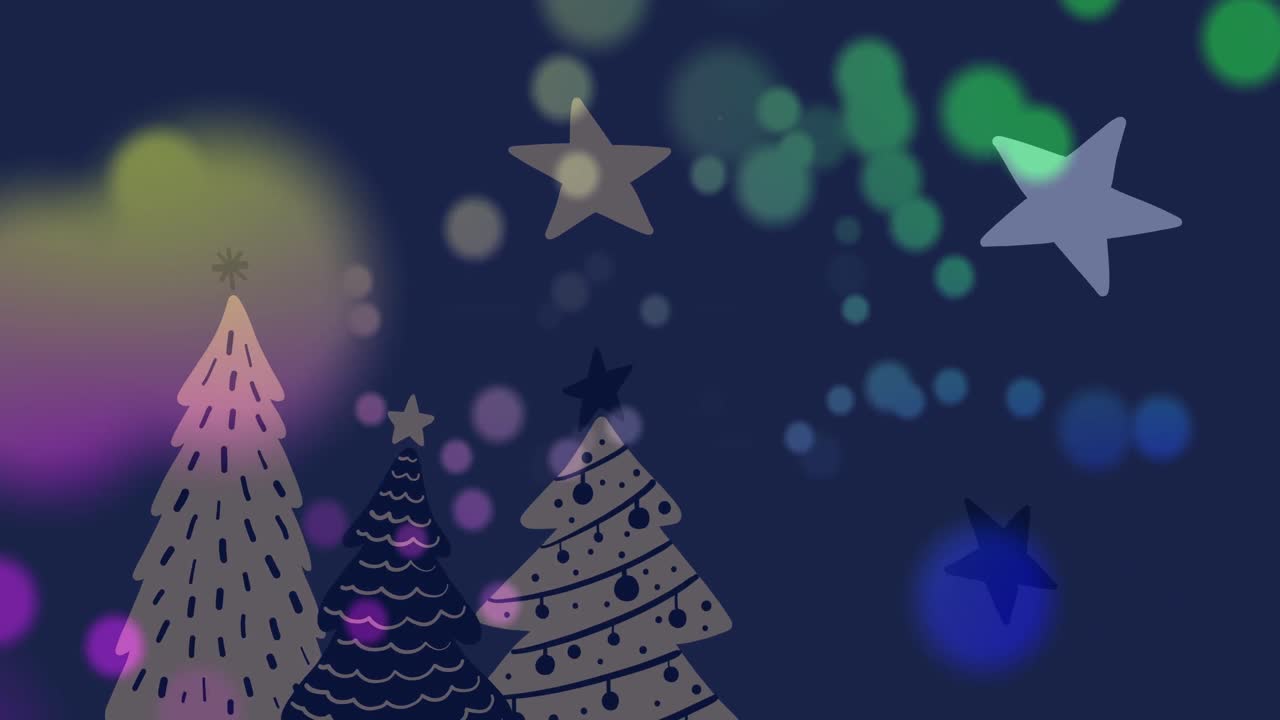 animación de estrellas y patrón de árbol de navidad en fondo oscuro