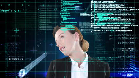 animación del procesamiento de datos sobre una mujer de negocios caucásica en fondo negro