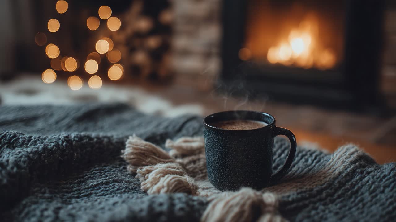 A Cozy Scene Featuring a Steaming Mug of Coffee Next to a Warm Fireplace, Bathed in the Soft Glow of Twinkling Holiday Lights and Snuggled in a Thick Blanket
