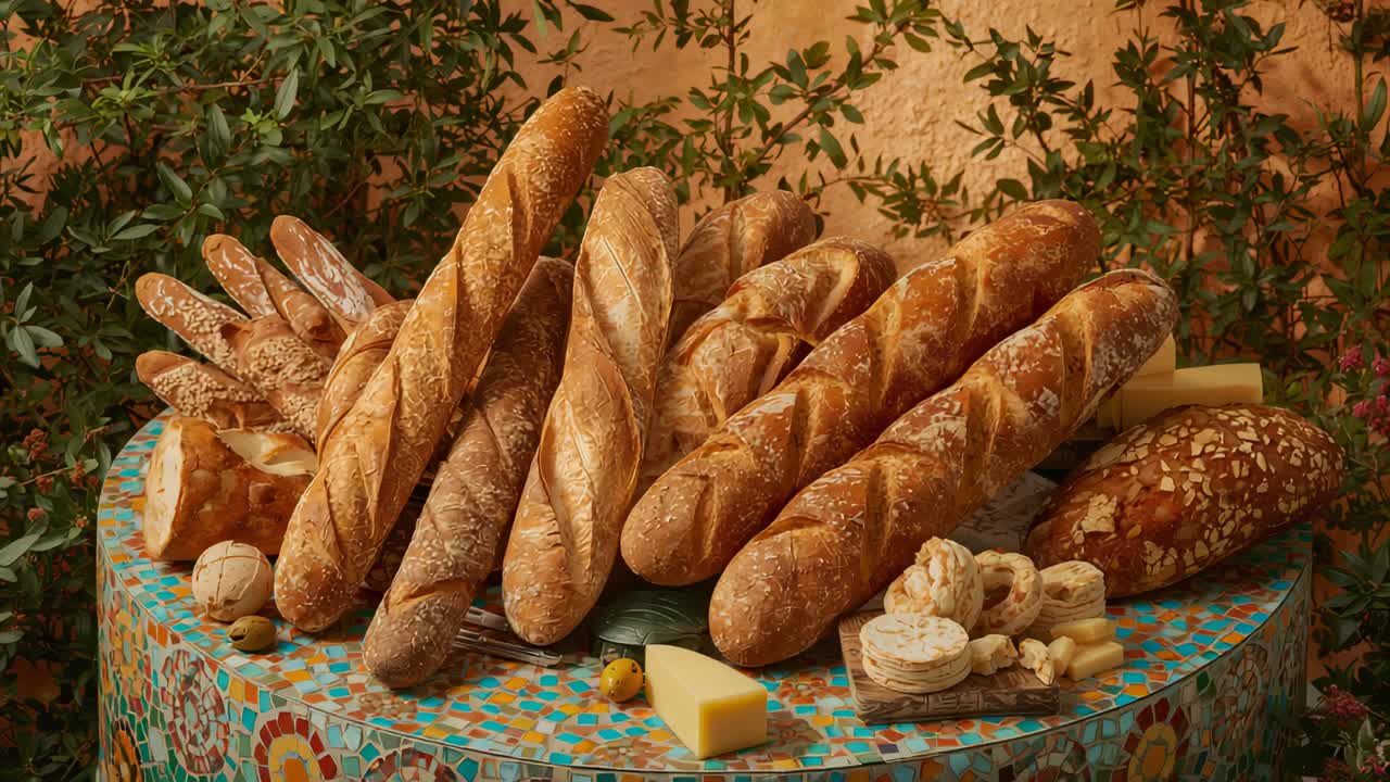 Inizio con zoom della camera verso le baguette impilate sul tavolo a mosaico, mettendo in risalto formaggio e cracker