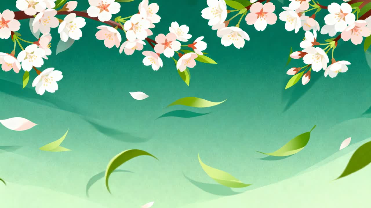 Drifting petals, green leaves falling from flower boughs by breeze over teal sky casting shadows