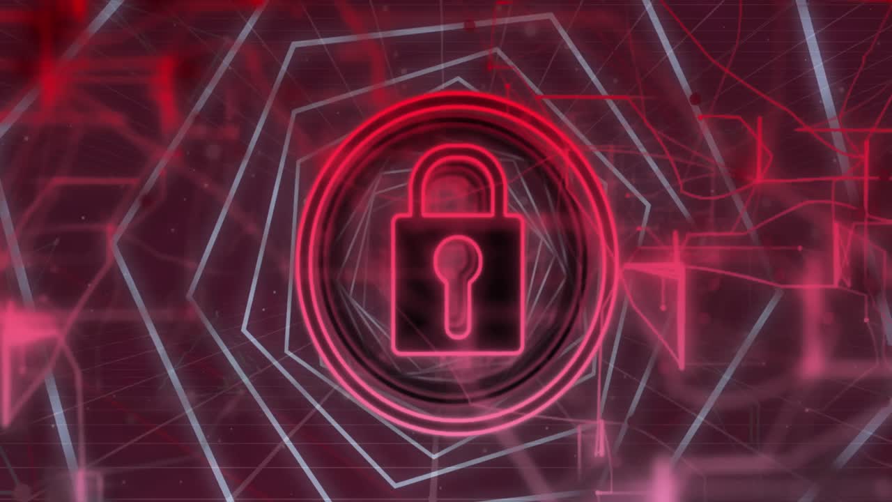 animación del icono del candado de seguridad y las formas hexagonales en un patrón sin costuras y senderos de luz roja
