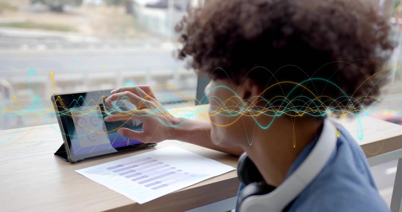 Man in blue jacket tapping tablet, waking tech interface, animating waveforms, tuning audio levels
