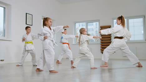 niños en kimono blanco en la clase de artes marciales