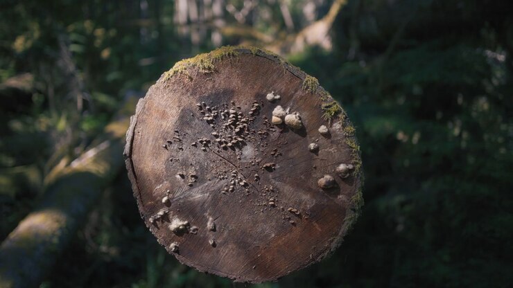 Old cut tree trunk in the dense rainforest. Slow motion
