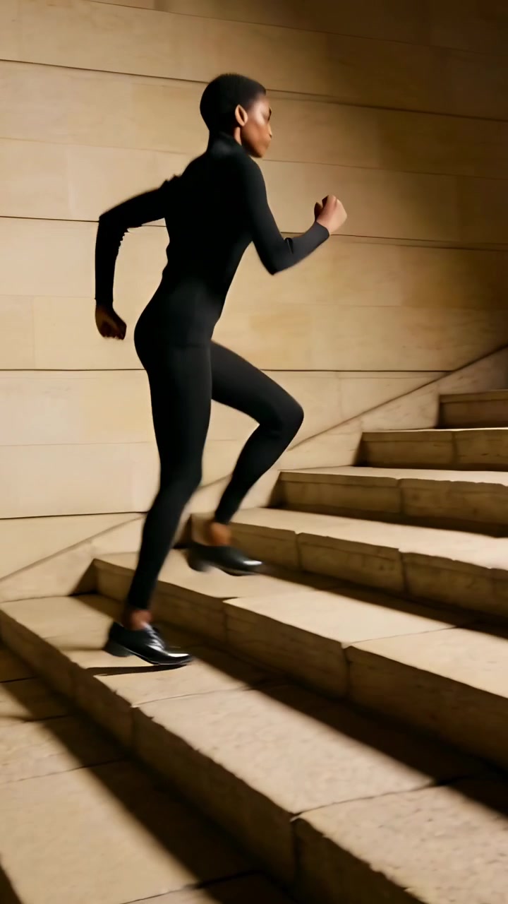 Vidéo verticale : S'élançant du pied arrière, femme en tenue de sport noire montant des marches en pierre en courant, s'entraînant