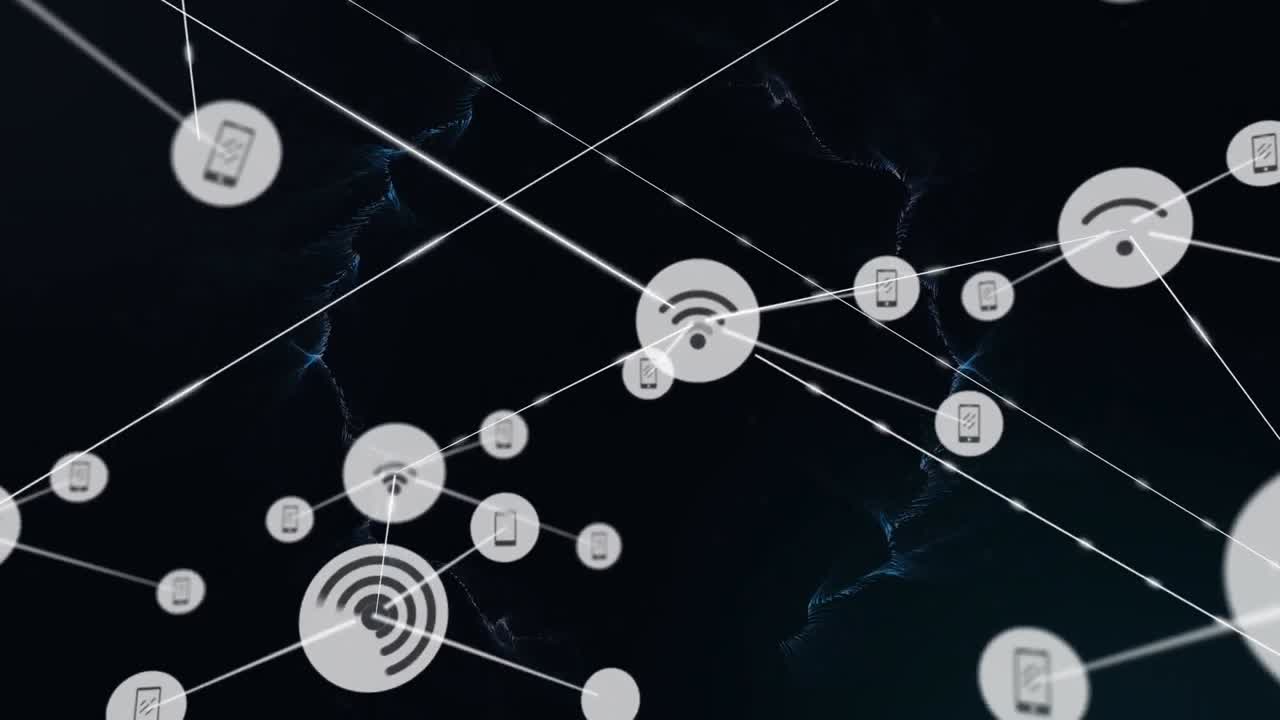 animación de la red de conexiones con iconos digitales sobre senderos de humo verde
