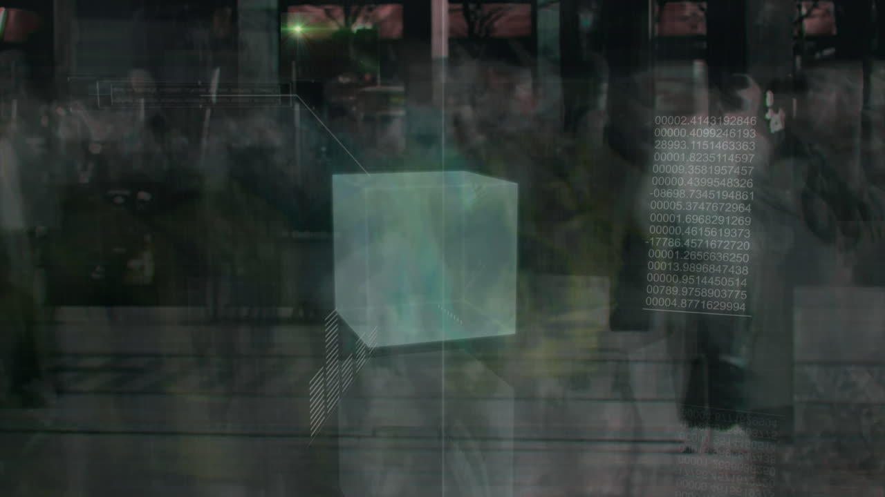 animación de datos financieros y gráficos sobre personas que caminan por la calle