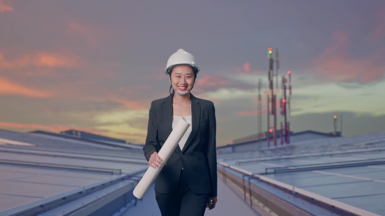 亚洲女商人正面视角，在工业屋顶太阳能电池板区域行走时手持蓝图。