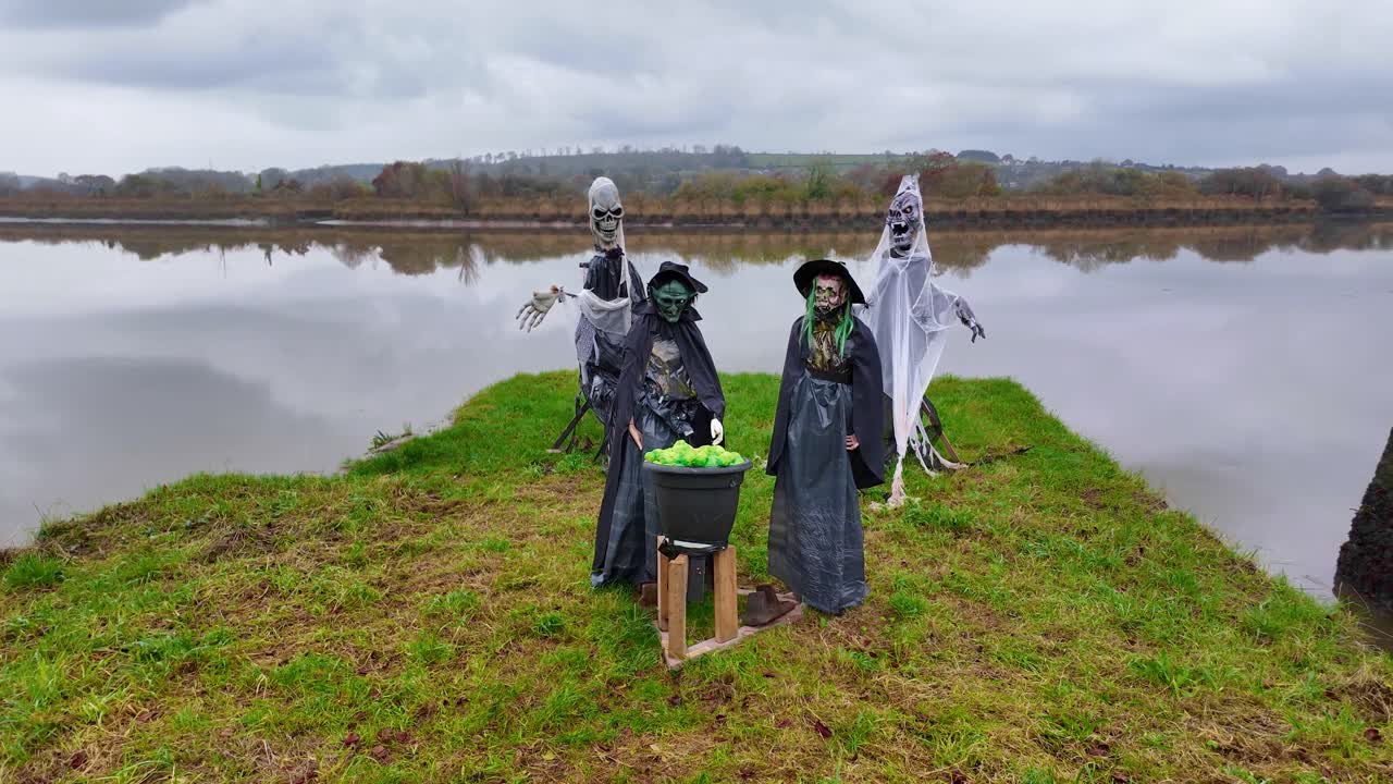 Witches on a riverbank on Waterford Greenway Ireland scary and spooky autumn in Ireland