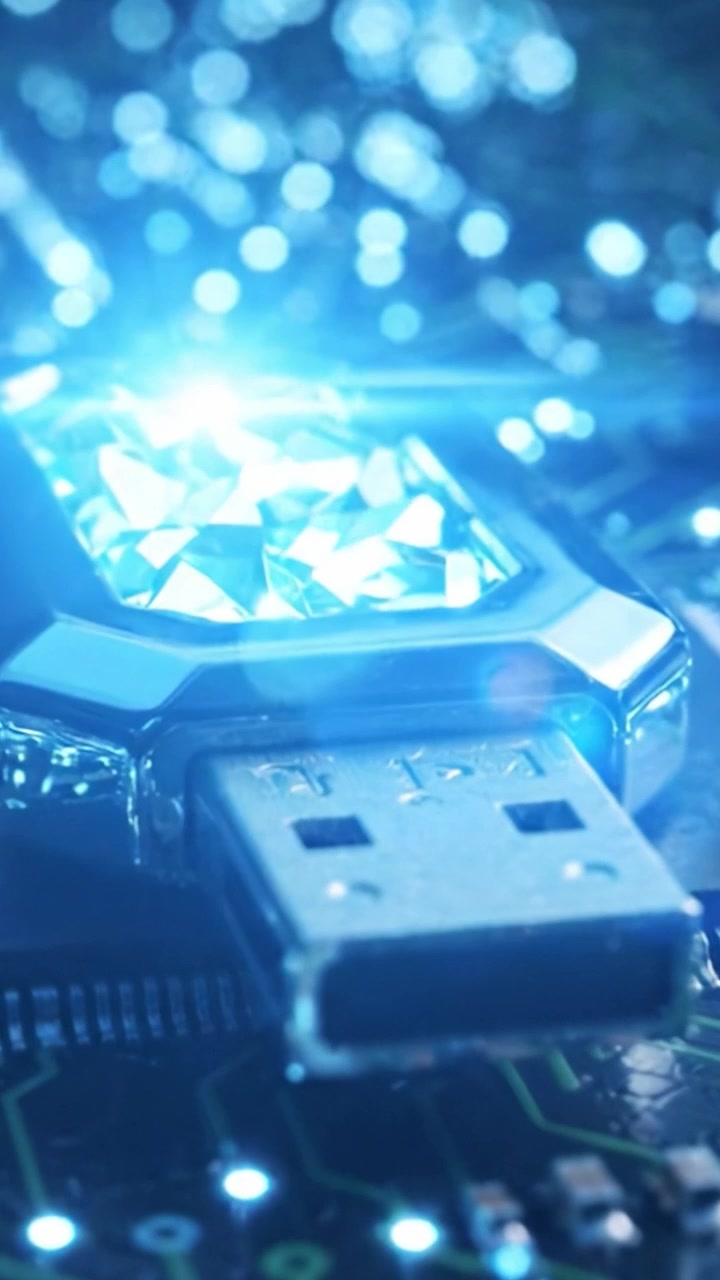 A Stunning Close-Up of a Sparkling USB Drive Embedded in a Circuit Board, Showcasing Modern Technology and Elegant Design Elements