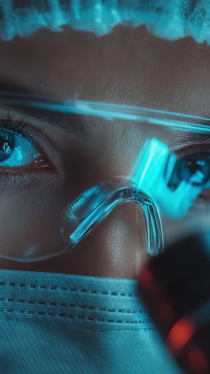 Intense Focus on Laboratory Work: Close-Up of a Researcher's Eye with Protective Gear, Preparing for Precise Experiments and Medical Innovations in a High-Performance Environment