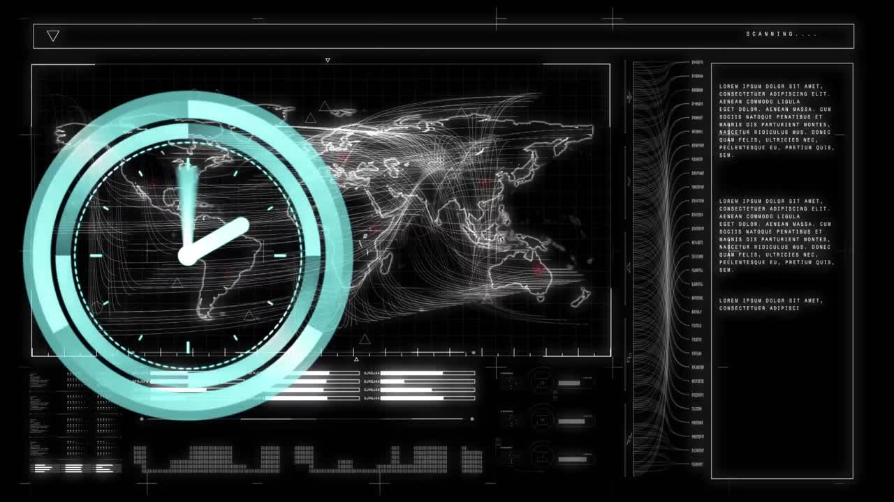 검은 바탕에 시계와 데이터 처리의 애니메이션