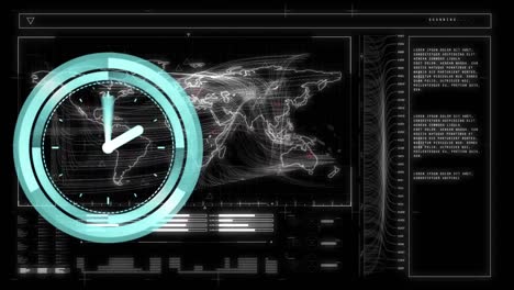 animation of clock and data processing on black background