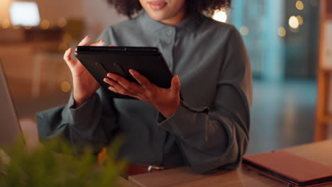 Scrolling,-tablet-and-hands-of-woman-in-office