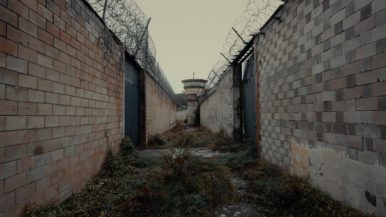 Sentiero invaso dalla vegetazione che porta a una torre di guardia carceraria con filo spinato